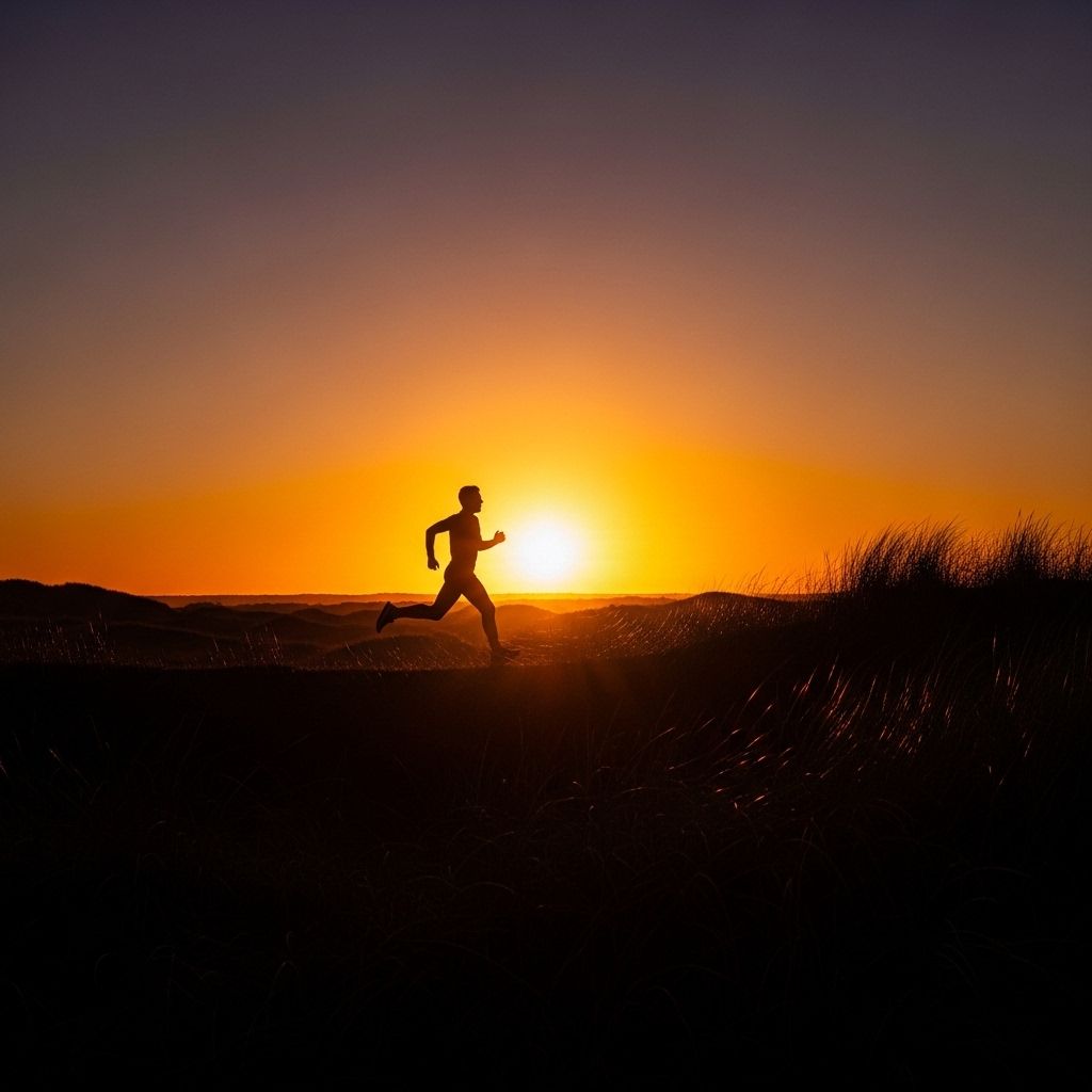 Personne en mouvement dans un environnement naturel au lever du soleil, capturée en silhouette avec éclairage dramatique doré, symbolisant l'énergie et la vitalité du mouvement physique