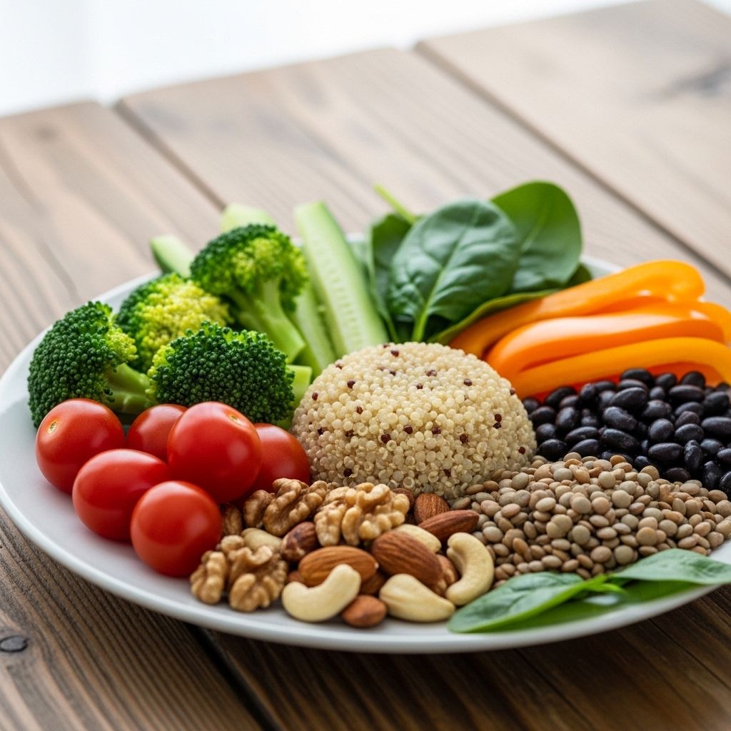Assiette colorée avec légumes variés, grains entiers, légumineuses et noix disposés harmonieusement sur une table en bois naturel, éclairage naturel doux