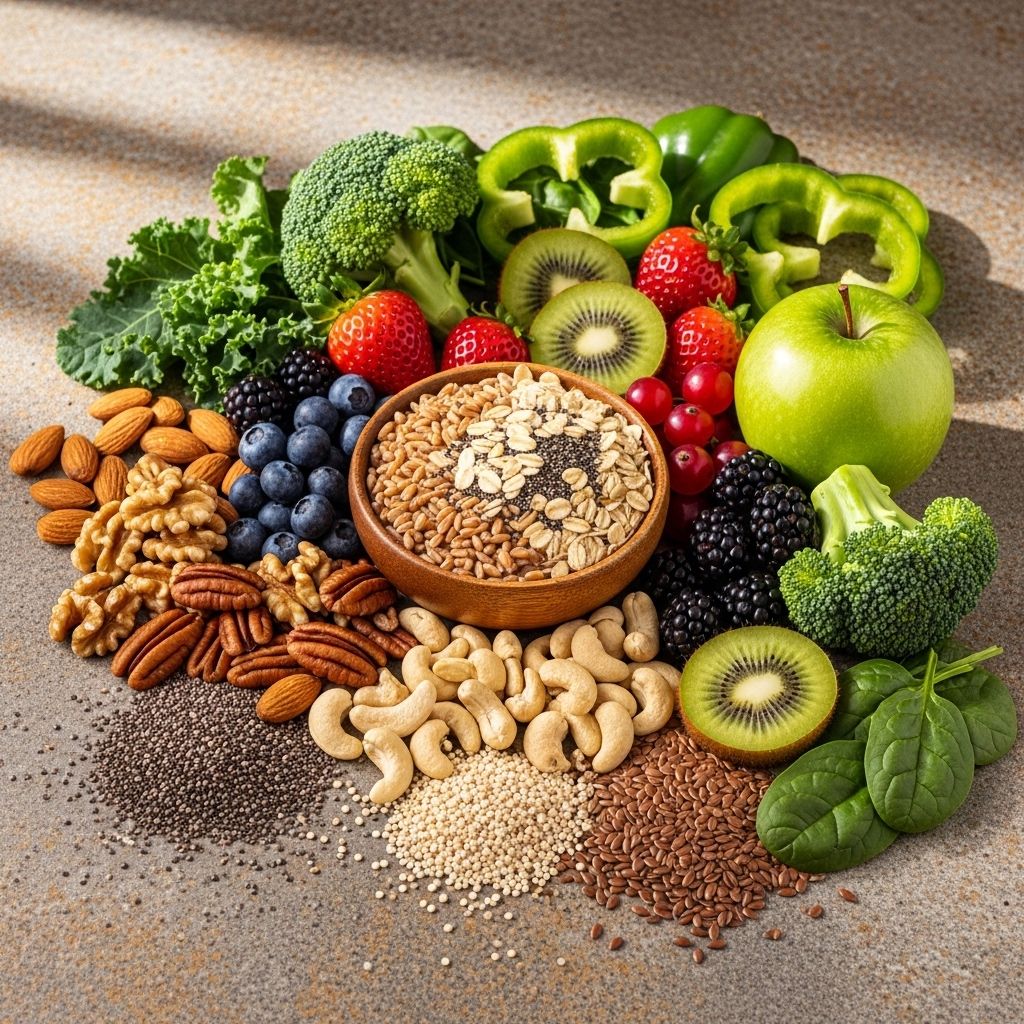 Assortiment artistique de grains entiers, noix, fruits frais et légumes verts sur surface en pierre naturelle avec lumière douce et contrastée, évoquant l'équilibre nutritionnel et la santé