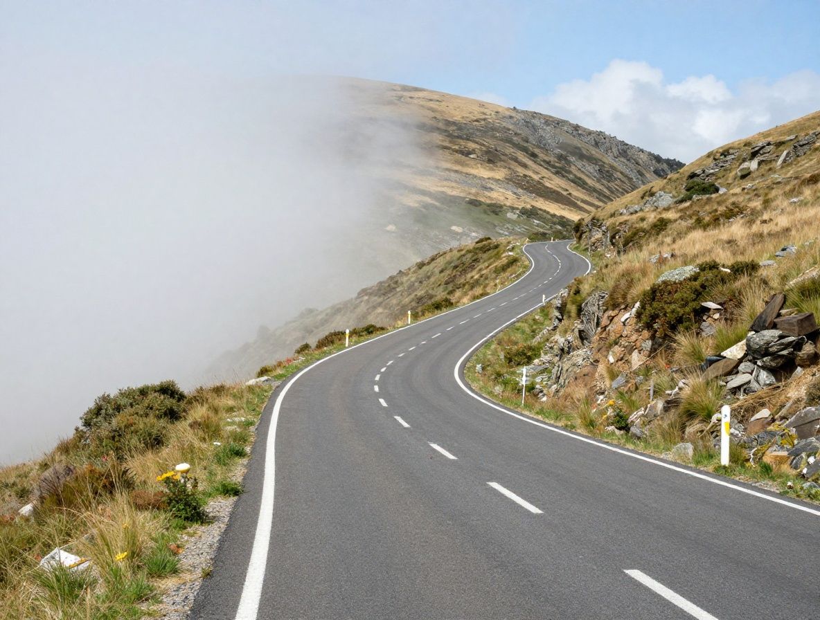 Chemin sinueux s'étendant vers l'horizon au lever du soleil dans un paysage ouvert, symbole d'un parcours personnel et d'une progression vers un objectif