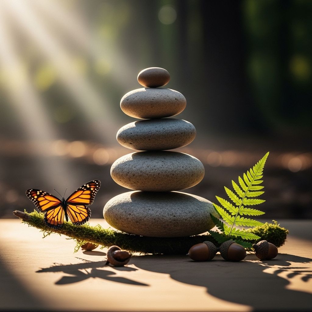 Balance symbolique en équilibre avec éléments naturels et lumière subtile créant des ombres douces, représentant l'équilibre et la mesure dans les approches de gestion du poids