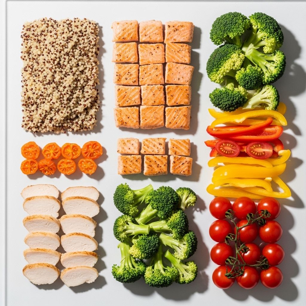 Arrangements de portions alimentaires mesurées avec précision, incluant grains, protéines et légumes, disposés symétriquement sur surface claire avec éclairage de studio créant des zones d'ombre nettes