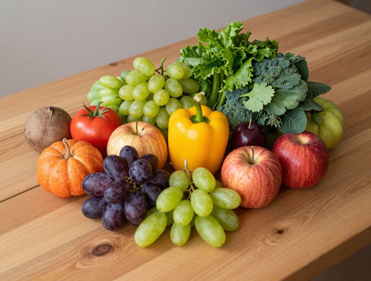 Composition artistique de légumes frais multicolores et de fruits disposés sur une table en bois naturel, illustrant la diversité et la richesse d'une alimentation équilibrée